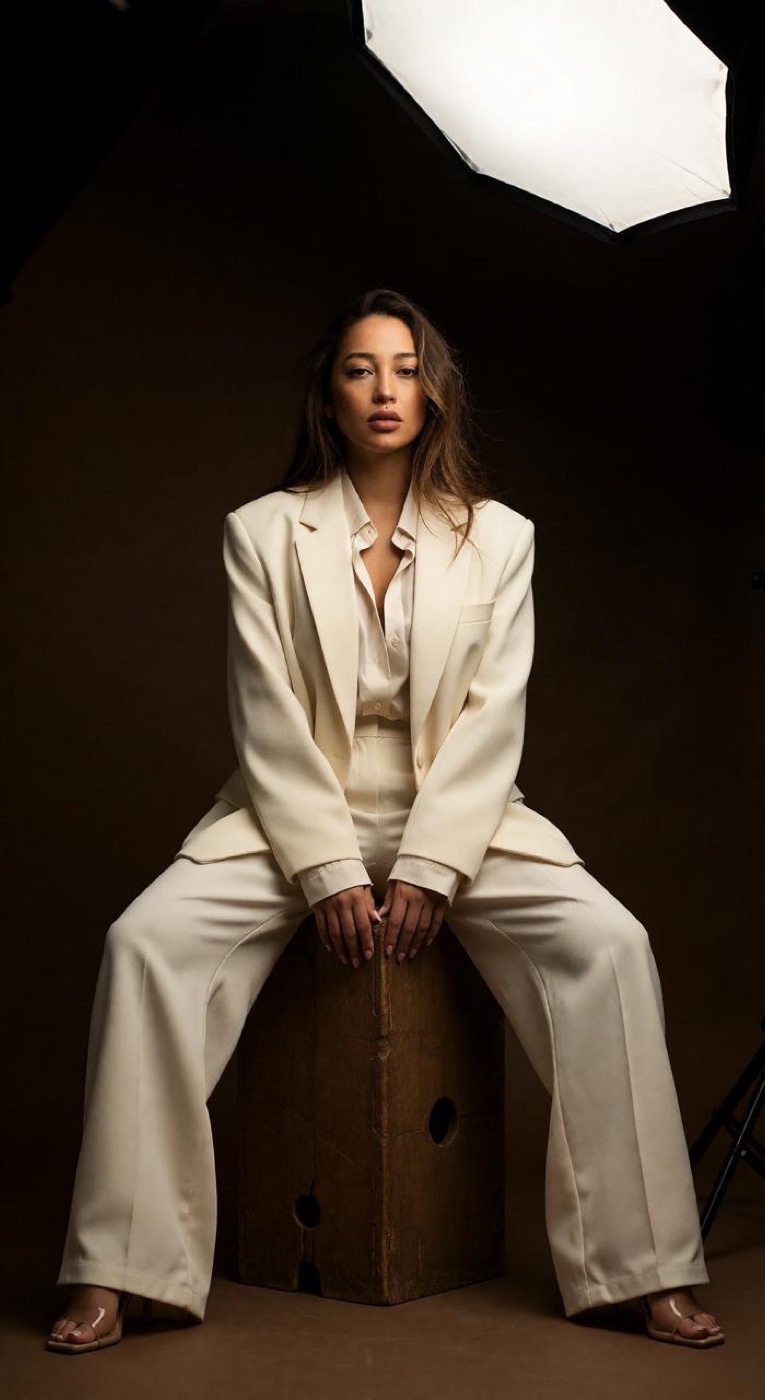 Retrato de estudio con traje crema